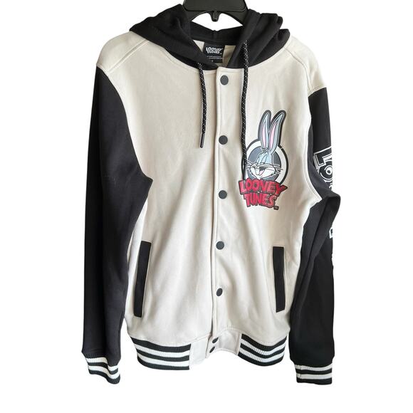 LOONEY TUNES Bugs Bunny snap front varsity hoodie unisex sweatshirt NWOT Sz S - Picture 1 of 7